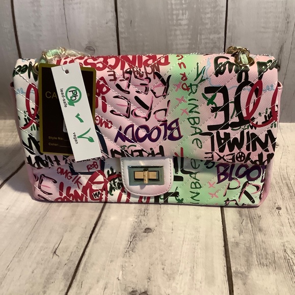 Caleesa Handbags - Pink green black graffiti cross body bag